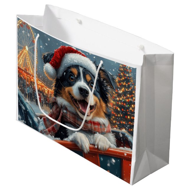 Australian Shepherd Dog Roller Coaster Christmas Large Gift Bag (Front Angled)