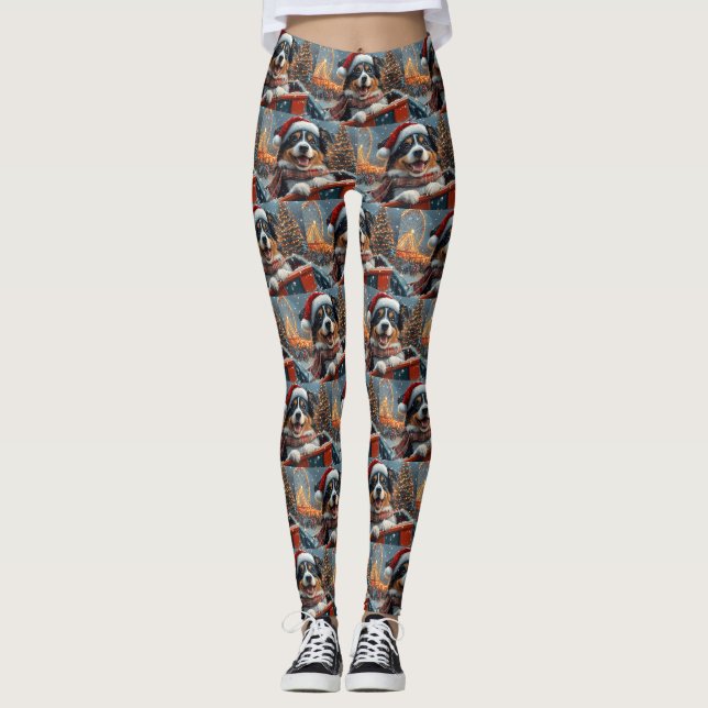 Australian Shepherd Dog Roller Coaster Christmas Leggings (Front)