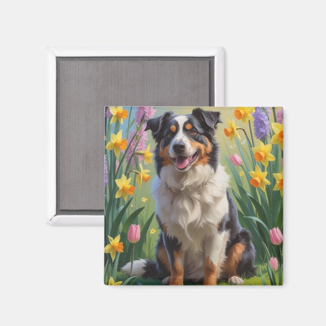 Australian Shepherd Dog Spring Flowers Painting Magnet (Front/Back)