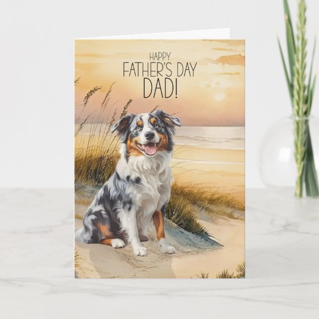 Australian Shepherd Dog Sunset Beach Father's Day Holiday Card (Front)