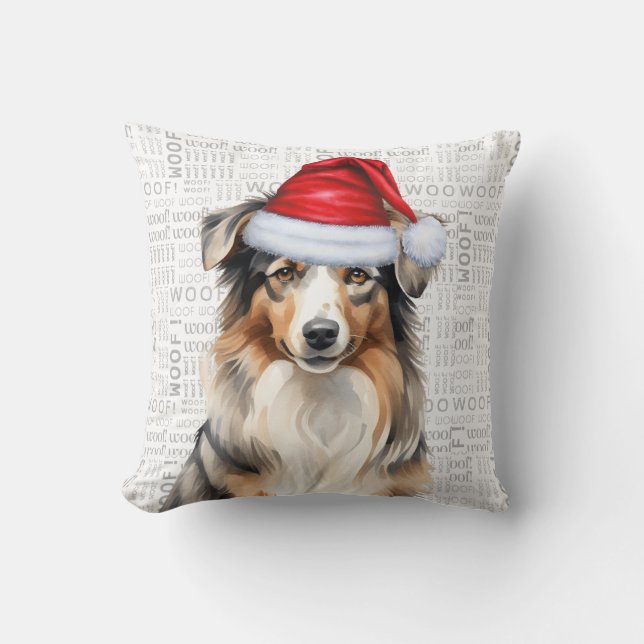 Australian Shepherd Dog Watercolor Christmas Throw Pillow (Front)