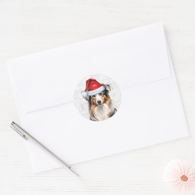 Australian Shepherd Dog Watercolor Santa Classic Round Sticker (Envelope)
