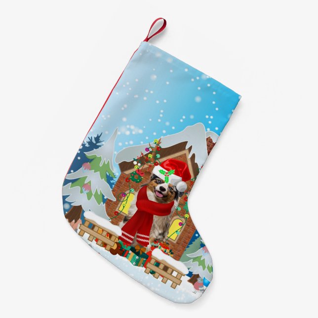 Australian Shepherd dog with Christmas gifts Small Christmas Stocking (Front (Hanging))