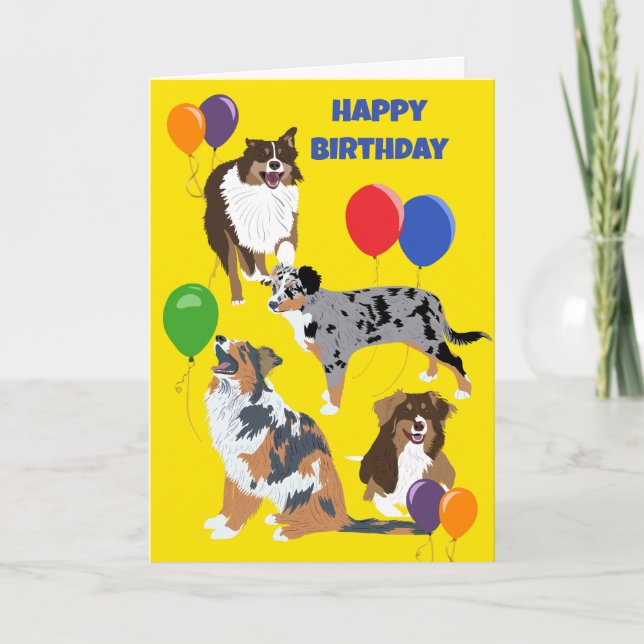 Australian Shepherd Dogs and Balloons Birthday Card (Front)