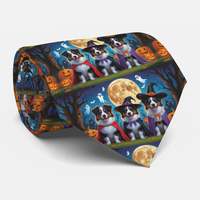 Australian Shepherd Dogs Pumpkin Halloween Funny Tie (Rolled)