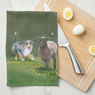 Australian Shepherd ~ Fetch Vert Oil Painting Kitchen Towel