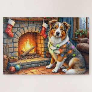Australian Shepherd Fireplace with Christmas Light Jigsaw Puzzle