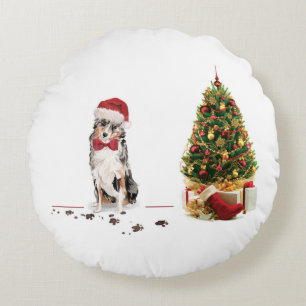 Australian Shepherd Funny Christmas Dog with Tree Round Pillow