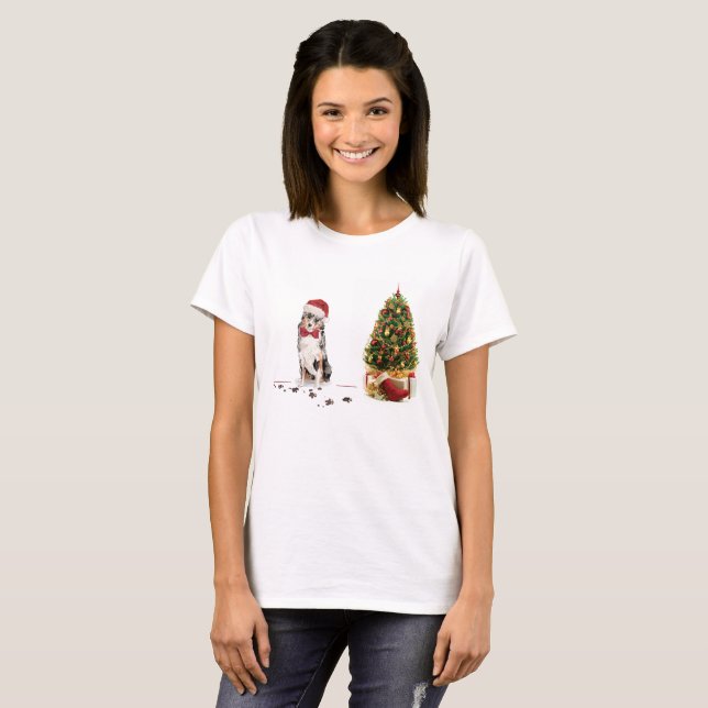 Australian Shepherd Funny Christmas Dog with Tree T-Shirt (Front Full)