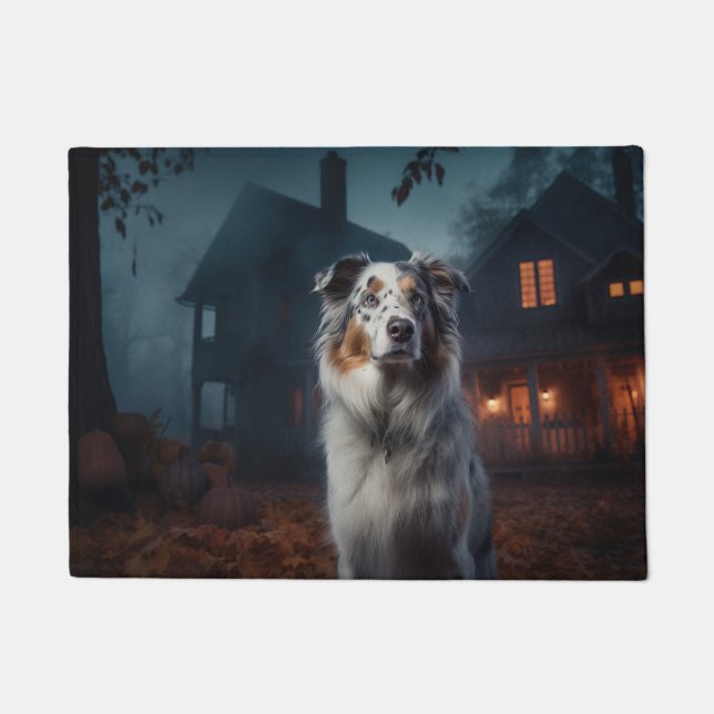 Australian Shepherd Halloween Scary Doormat (Front)