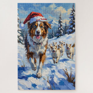 Australian Shepherd Herding Snowballs with Santa Jigsaw Puzzle