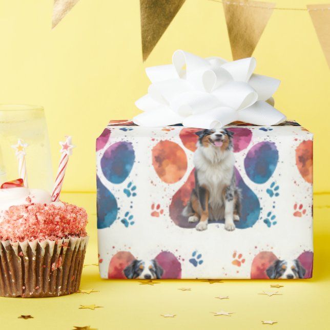 Australian Shepherd In a Pawprint Wrapping Paper (Birthday Party)