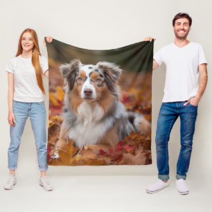 Australian Shepherd  in Autumn Leaves Fall Inspire Fleece Blanket