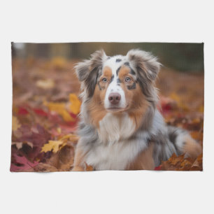 Australian Shepherd  in Autumn Leaves Fall Inspire Kitchen Towel