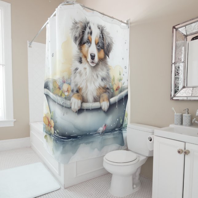 Australian Shepherd In Bathtub Watercolor Dog Art (In Situ)
