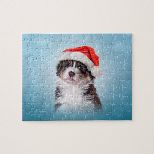 Australian Shepherd in red hat of Santa Jigsaw Puzzle (Horizontal)