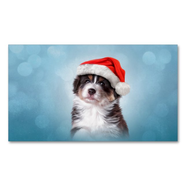 Australian Shepherd in red hat of Santa Magnetic Business Card (Front)