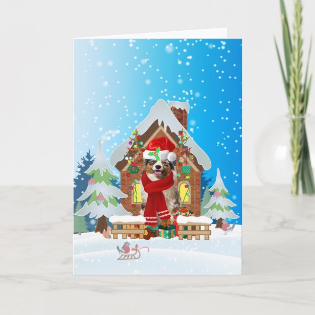 Australian shepherd in snow with Christmas gifts  Card (Front)