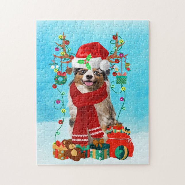 Australian shepherd in snow with Christmas gifts  Jigsaw Puzzle (Vertical)