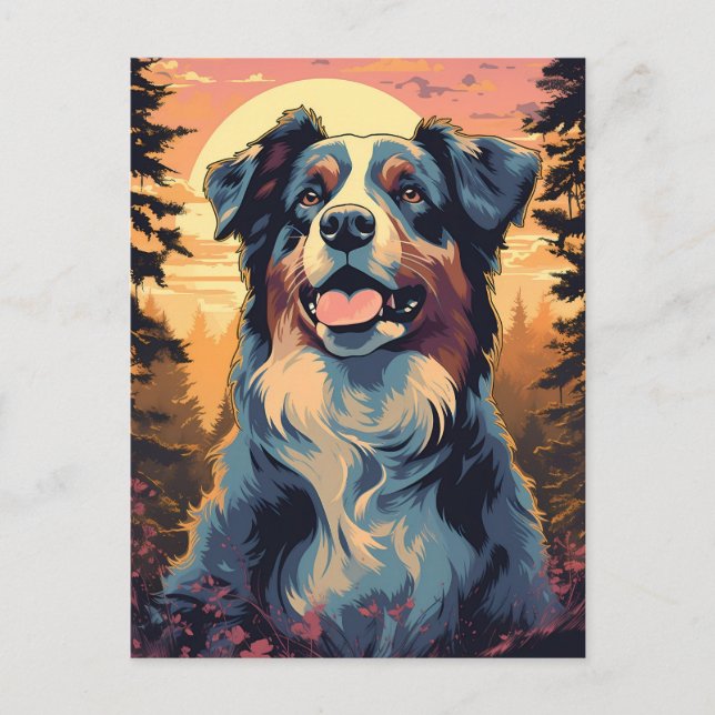 Australian-Shepherd in the forest during sunset Postcard (Front)