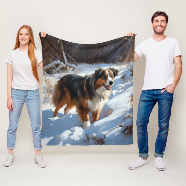 Australian Shepherd Let It Snow Christmas Fleece Blanket (In Situ)