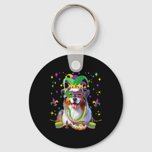 Australian Shepherd Mardi Gras Masked Beads Owner Keychain