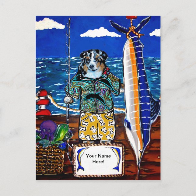 Australian Shepherd Marlin Fishing Postcard (Front)