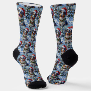 Australian Shepherd Merle Winter Christmas Art Socks