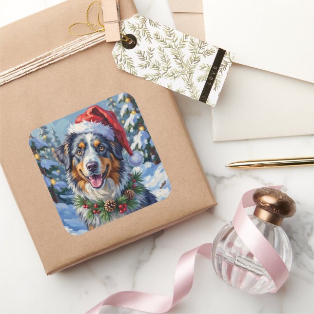 Australian Shepherd Merle Winter Christmas Art Square Sticker (Gifting)