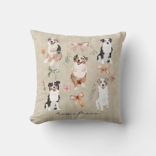 Australian Shepherd Mom & Aussie Mama Coquette Bow Throw Pillow (Front)