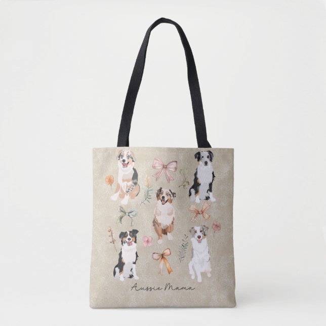 Australian Shepherd Mom & Aussie Mama Coquette Bow Tote Bag (Front)
