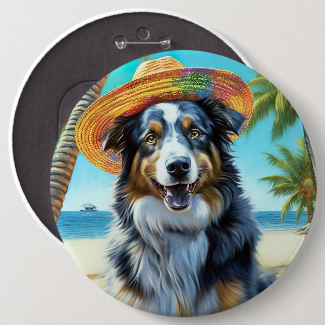 Australian Shepherd On Beach dog lover summer gift 6 Inch Round Button (Front & Back)