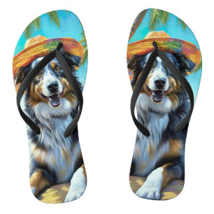 Australian Shepherd On Beach dog lover summer gift Flip Flops