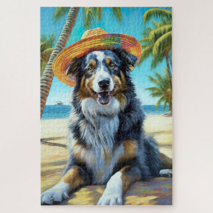 Australian Shepherd On Beach dog lover summer gift Jigsaw Puzzle