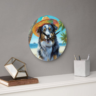 Australian Shepherd On Beach dog lover summer gift Large Clock