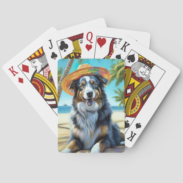 Australian Shepherd On Beach dog lover summer gift Playing Cards (Back)