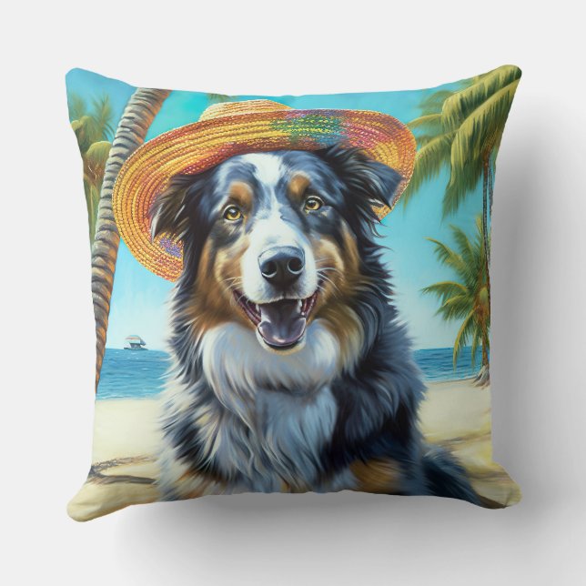 Australian Shepherd On Beach dog lover summer gift Throw Pillow (Back)