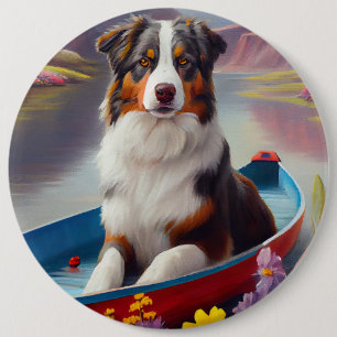 Australian Shepherd on Paddle: A Scenic Adventure 6 Inch Round Button