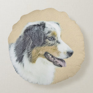 Australian Shepherd Painting - Original Dog Art Round Pillow