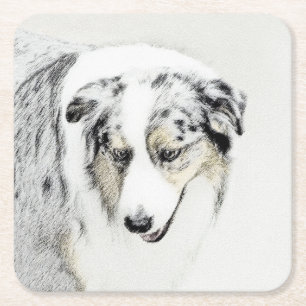 Australian Shepherd Painting - Original Dog Art Square Paper Coaster