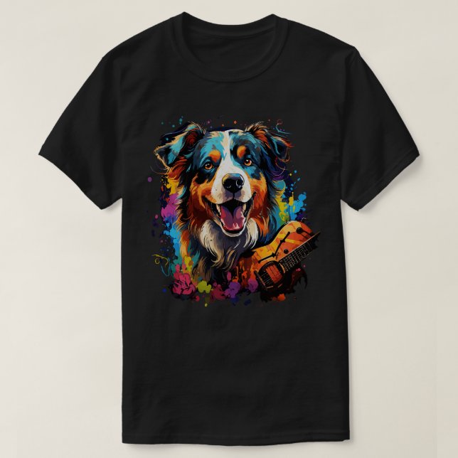 Australian Shepherd Playing Guitar T-Shirt (Design Front)