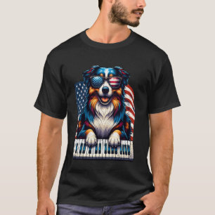Australian Shepherd Plays Piano Patriotic USA Flag T-Shirt