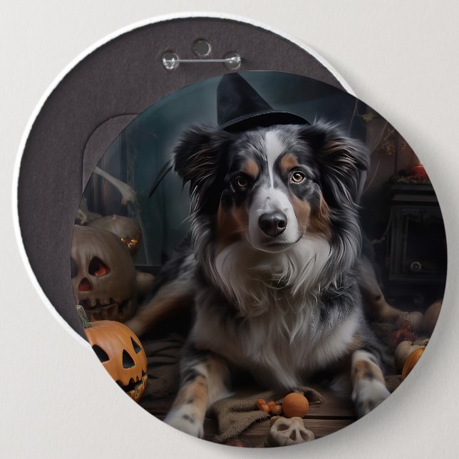 Australian Shepherd Pumpkins Halloween Scary 6 Inch Round Button (Front & Back)