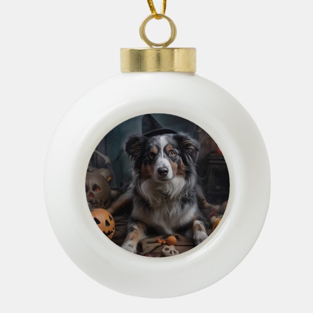 Australian Shepherd Pumpkins Halloween Scary Ceramic Ball Christmas Ornament (Front)