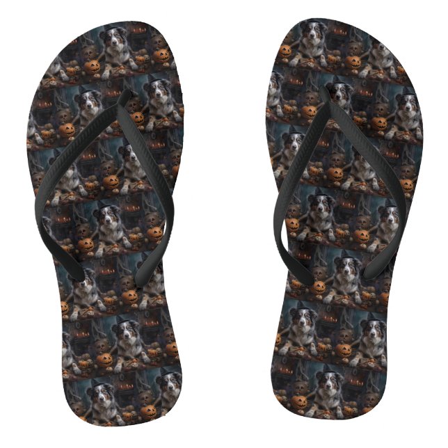 Australian Shepherd Pumpkins Halloween Scary Flip Flops (Footbed)