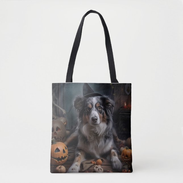 Australian Shepherd Pumpkins Halloween Scary Tote Bag (Front)