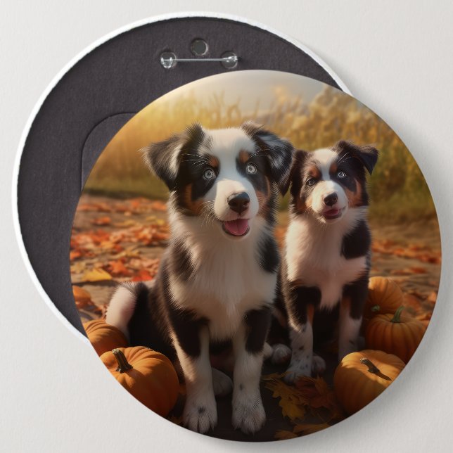 Australian Shepherd Puppy Autumn Delight Pumpkin 6 Inch Round Button (Front & Back)