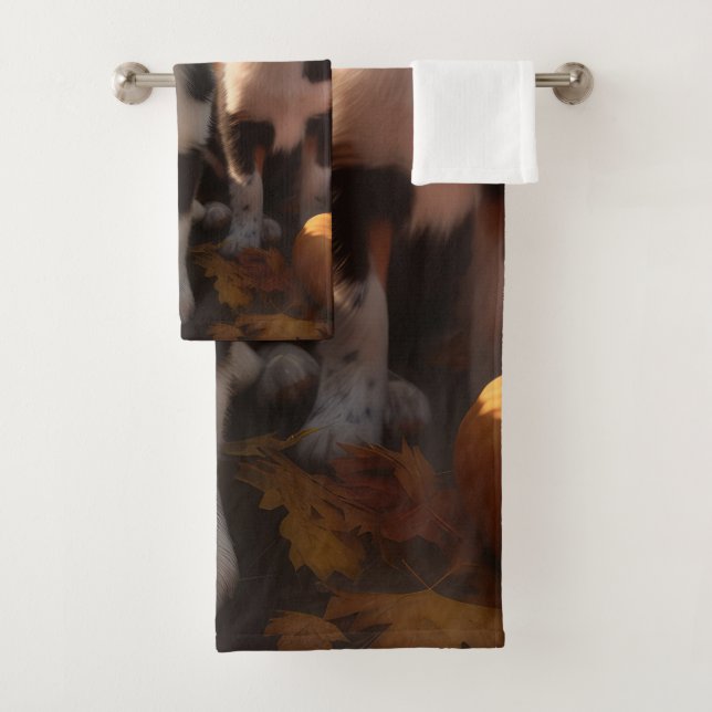 Australian Shepherd Puppy Autumn Delight Pumpkin Bath Towel Set (Insitu)