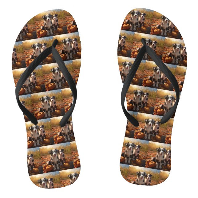 Australian Shepherd Puppy Autumn Delight Pumpkin Flip Flops (Footbed)
