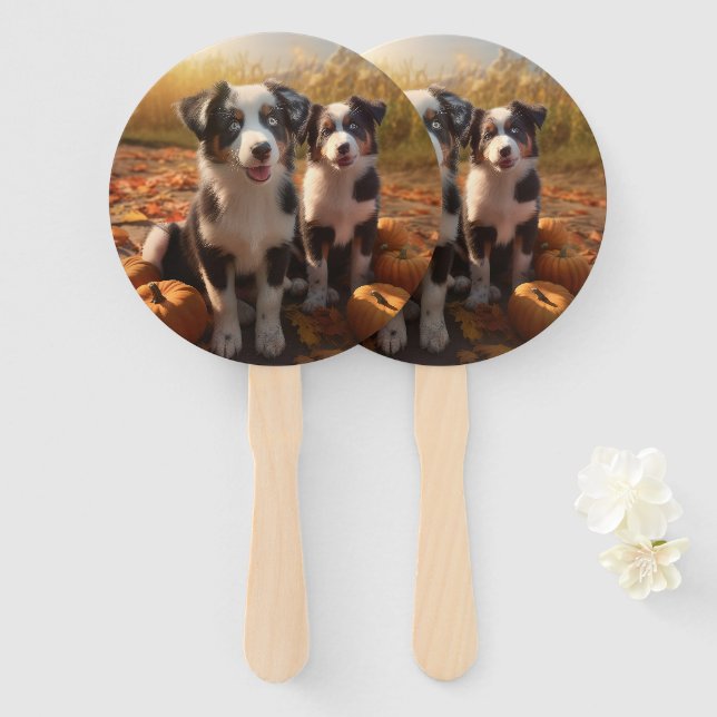 Australian Shepherd Puppy Autumn Delight Pumpkin Hand Fan (Front and Back)